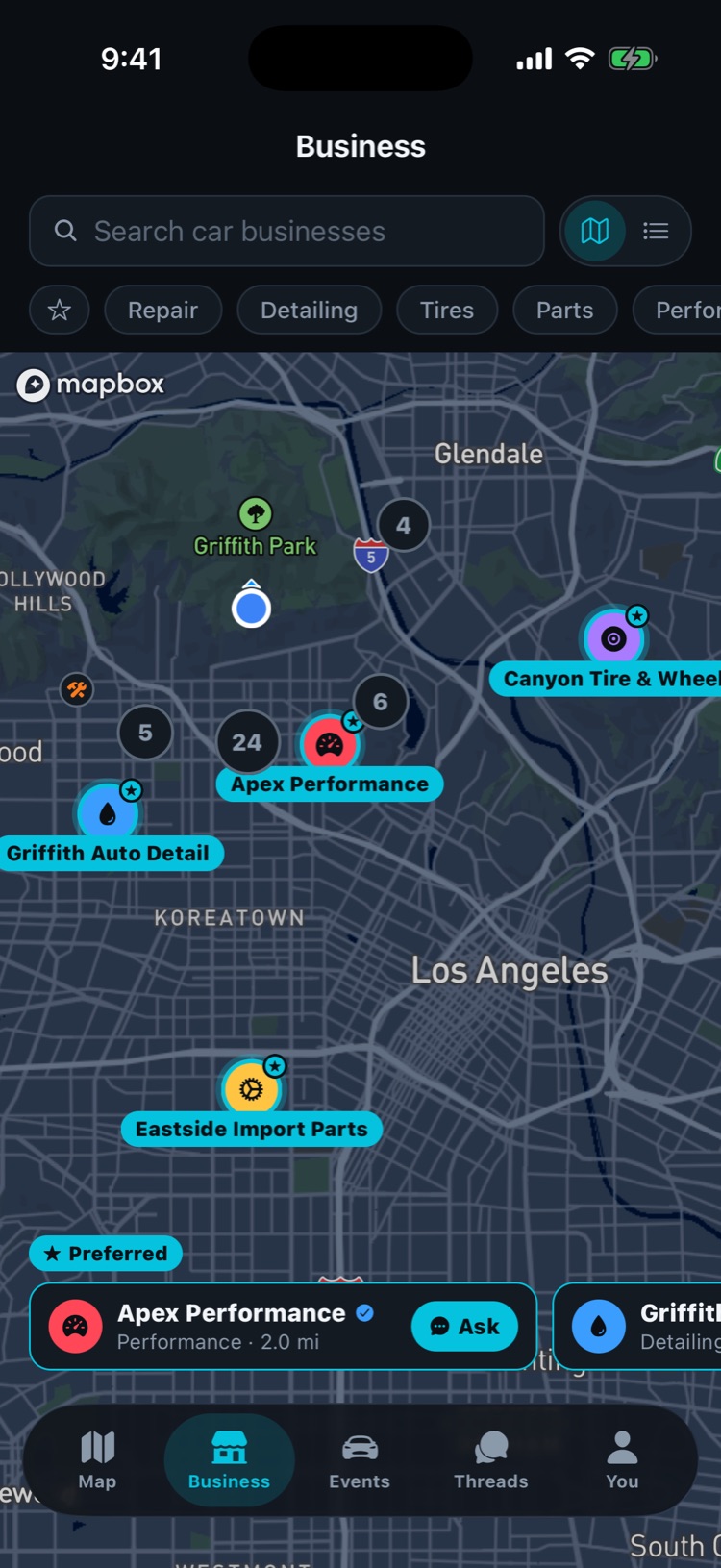 Business map with four Preferred shops named on it, grey count bubbles for the rest, and a Preferred shelf with an Ask button