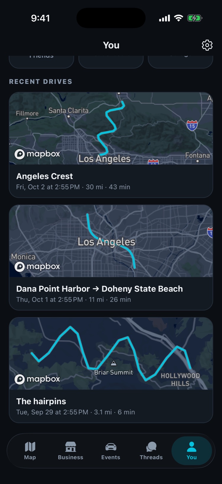 Recent drives list, each with its route on a map