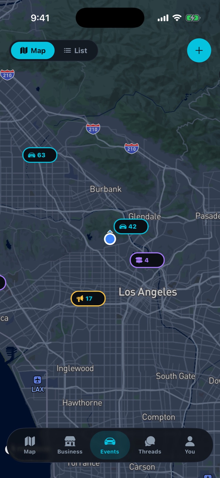 Events map with balloons for nearby meets and a posted convoy, each showing how many are going